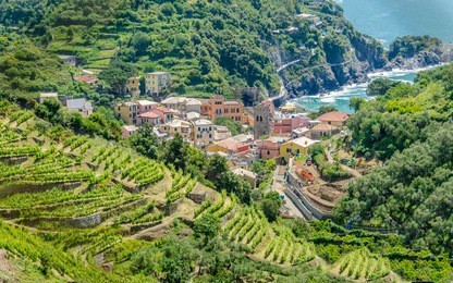 monterosso in cinque terre, italy, view at the town from mountain trail