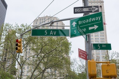 street sign of fifth avenue and broadway avenue, new york city