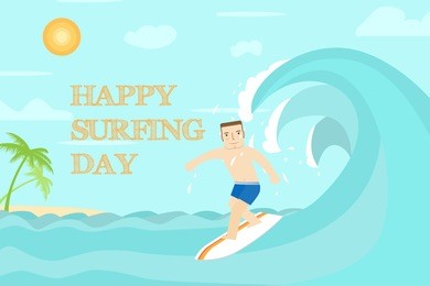 happy surfing day flat design. the man surfing on the ocean. for web design and application interface, also useful for infographics. vector illustration. 