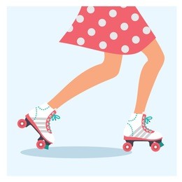 rollerblading girl vector illustration. woman wearing skirt and retro style roller skates. 