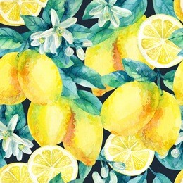 watercolor lemon fruit branch with leaves seamless pattern on black background. lemon citrus tree. lemon branch and slices. lemon branch with leaves. hand painted illustration