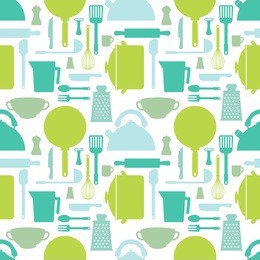 seamless pattern with kitchen tools. cook accessories in blue and green tones. vector illustration.