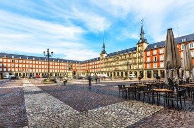 plaza mayor with statue of king philips iii in madrid, spain.