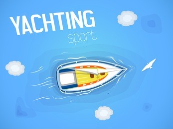 yachting sport. yacht in the sea. top view through the clouds on a white yacht sailing, floating on the waves of the sea. vector illustration