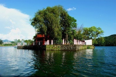 temple in , pokhara´s fewa lake, nepal