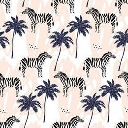 palm trees silhouette and zebra on the white background with blush pink strokes. vector seamless pattern with safari animals and tropical plants.