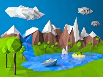 low poly landscape with lake, island, trees, mountains and boat. cartoon paper style landscape. high resolution 3d illustration