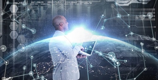 businessman using laptop against image of a earth