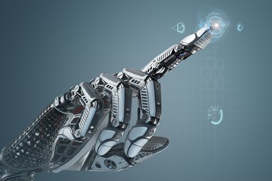 robotic hand touching virtual user interface with point index finger. image futuristic template on digital background for business website design.3d rendered image.