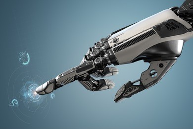 robotic hand touching virtual user interface with point index finger. image futuristic template on digital background for business website design.3d rendered image.