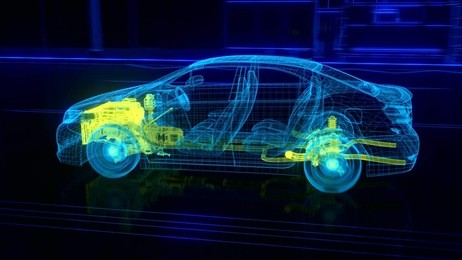 city car wireframe view - engine and transmission details  3d rendering