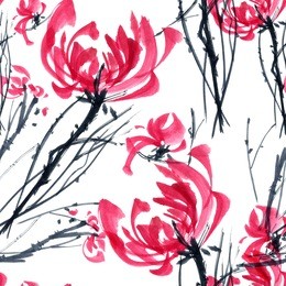 watercolor and ink illustration in style gohua, sumi-e, u-sin of chrysanthemum bouquet. oriental traditional painting. seamless pattern.