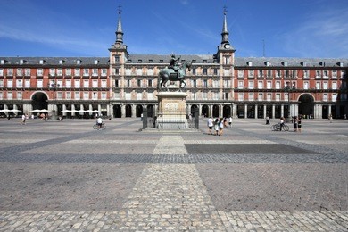 architecture at plaza mayor (main square) in madrid, spain. casa de la panaderia.