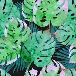 trendy tropical  jungle style vector seamless pattern. watercolor textured palm-tree leaves botanic wallpaper backdrop. exotic green, blue, pink plants repeatable texture.