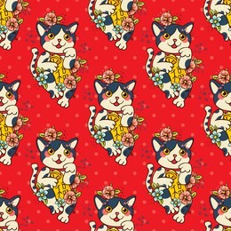 happy japanese cat maneki-neko flowered. traditional mascot in the style of old school tattoos. amulet for good wishes, print on t-shirt.texture for wrapping paper, textile, surface design, fashion.