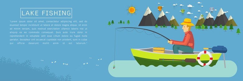 fisherman sitting in the boat and fishing rod is fishing on boat. vector flat illustration