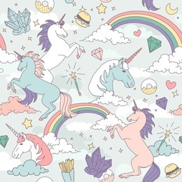 cute seamless pattern with unicorns, rainbows, clouds, stars and crystals 