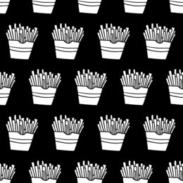 cartoon french fries pattern with hand drawn fast food. cute vector black and white french fries pattern. seamless monochrome french fries pattern for fabric, wallpapers, wrapping paper and cards.