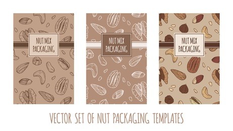 vector template nut mix packaging collection. package design, wrapping paper. cashew, walnuts, pecans, peanuts, hazelnuts, almonds, pistachios, pine nuts.