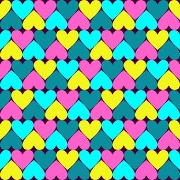 abstract colorful seamless geometric pattern with hearts in ornamental background in vector. groovy seamless pattern of geometric hearts templates in vibrant neon colors. funky vivid background