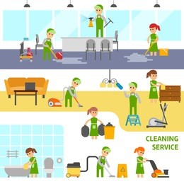 cleaning service infographic elements. cleaning office, home and bathroom. cleaners vector flat illustration.people wash the floor, wipe the dust