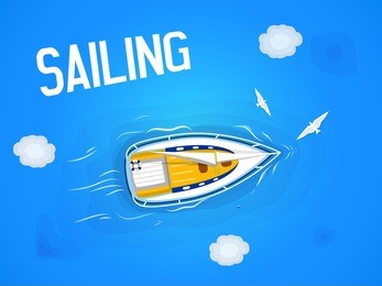 sailing. yacht in the sea. top view through the clouds on a white yacht sailing, floating on the waves of the sea. vector illustration