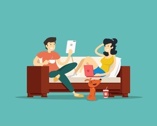man and woman sitting on the couch with devices. vector illustration.