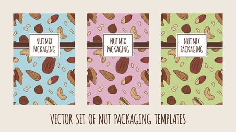 vector template nut mix packaging collection. package design, wrapping paper. cashew, walnuts, pecans, peanuts, hazelnuts, almonds, pistachios, pine nuts.