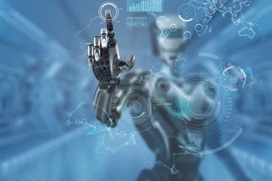 mechanical robotic arm touching virtual hud screen interface. a robot in futuristic designed environment. 3d rendered image.