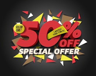 sale 50% off with abstract triangle elements.