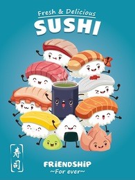 vintage sushi poster design with vector sushi character. chinese word means sushi.