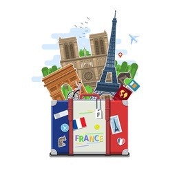 concept of travel to france or studying french. french flag with landmarks in suitcase. flat design, vector illustration