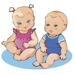 two cute little babies. european dressed boy and girl. colorful vector illustration on white background.