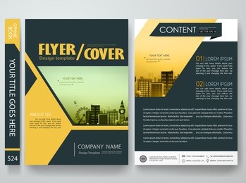 flyers design template vector. brochure report business magazine poster. cover book minimal portfolio presentation. abstract yellow shape and city concept in a4 layout.