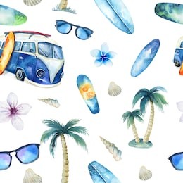 watercolor beach, adventure,, bike, motorollier, tree seamless pattern. watercolour  fun holiday activity, tropical travel illustration. island summer , retro car, surfboard.