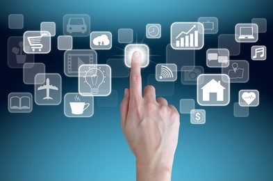 woman hand touch on virtual button screen , internet of things concept