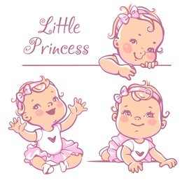 set with cute little baby girl with curly hair, wearing bow, pink tutu. portrait of happy smiling child one year old. little princess sitting, lying on white background. colorful vector illustration.
