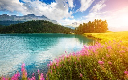 fantastic view of the azure pond champfer. picturesque scene. location: resort silvaplana village, district of maloja in the swiss canton of graubunden, alps. europe. artistic picture. beauty world.