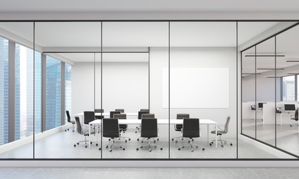 office interior with blank whiteboard and singapore city view. 3d rendering