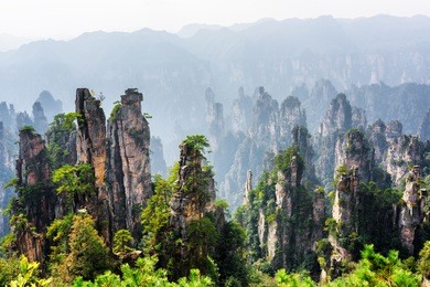 amazing view of natural quartz sandstone pillars of the tianzi mountains (avatar mountains) in the zhangjiajie national forest park, hunan province, china. beautiful summer landscape with rock columns