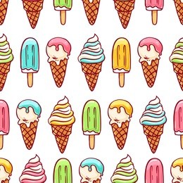 cute seamless background of different ice cream. hand-drawn illustration