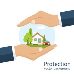concept security of property. insurance home, car, money. insurance agent holds in hand of house, protection from danger, providing security. vector illustration flat design.