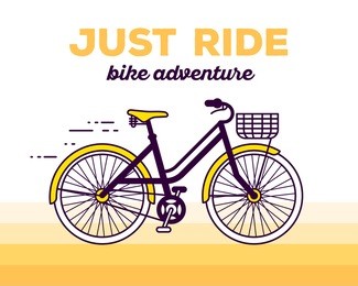 vector illustration of moving fast bicycle with basket and text just ride on yellow gradient background. bike adventure concept. thin line art flat design of female bicycle, riding on bicycle, cycling