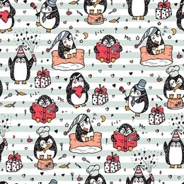 penguins. hand drawn doodle cute penguins vector seamless pattern. funny penguins seamless background. colorful wallpaper for children with penguins.