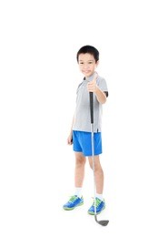 young asian boy play golf on white background.