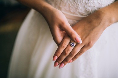 a wedding ring on the finger of the bride.