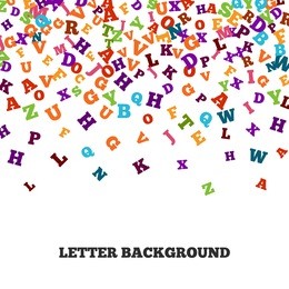 abstract colorful alphabet ornament border isolated on white background. vector illustration for bright education, writing, poetic design. random letters fly top. book concept for grammar school.