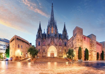 gothic barcelona cathedral at night, spain