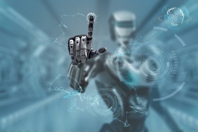 mechanical robotic arm touching virtual hud screen interface. a robot in futuristic designed environment. 3d rendered image.