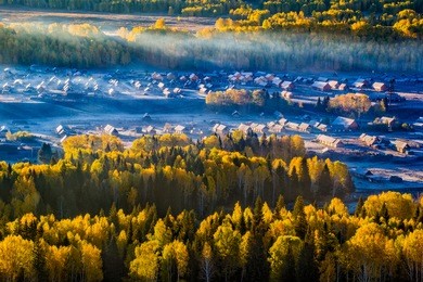 blue tone of hemu village in the foggy early morning